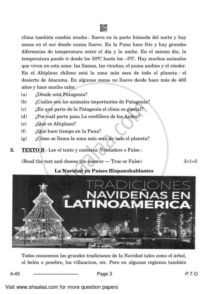 Spanish 2023-2024 Class 10 - CBSE (Central Board of Secondary Education) question paper with PDF download