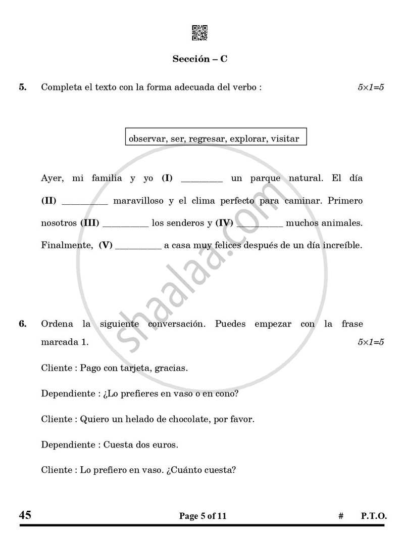 Spanish 2024-2025 Class 10 - CBSE (Central Board of Secondary Education) question paper with PDF download