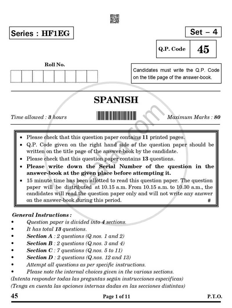 Spanish 2024-2025 Class 10 - CBSE (Central Board of Secondary Education) question paper with PDF download