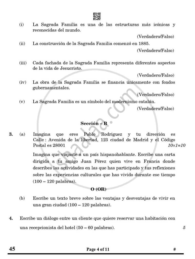 Spanish 2024-2025 Class 10 - CBSE (Central Board of Secondary Education) question paper with PDF download