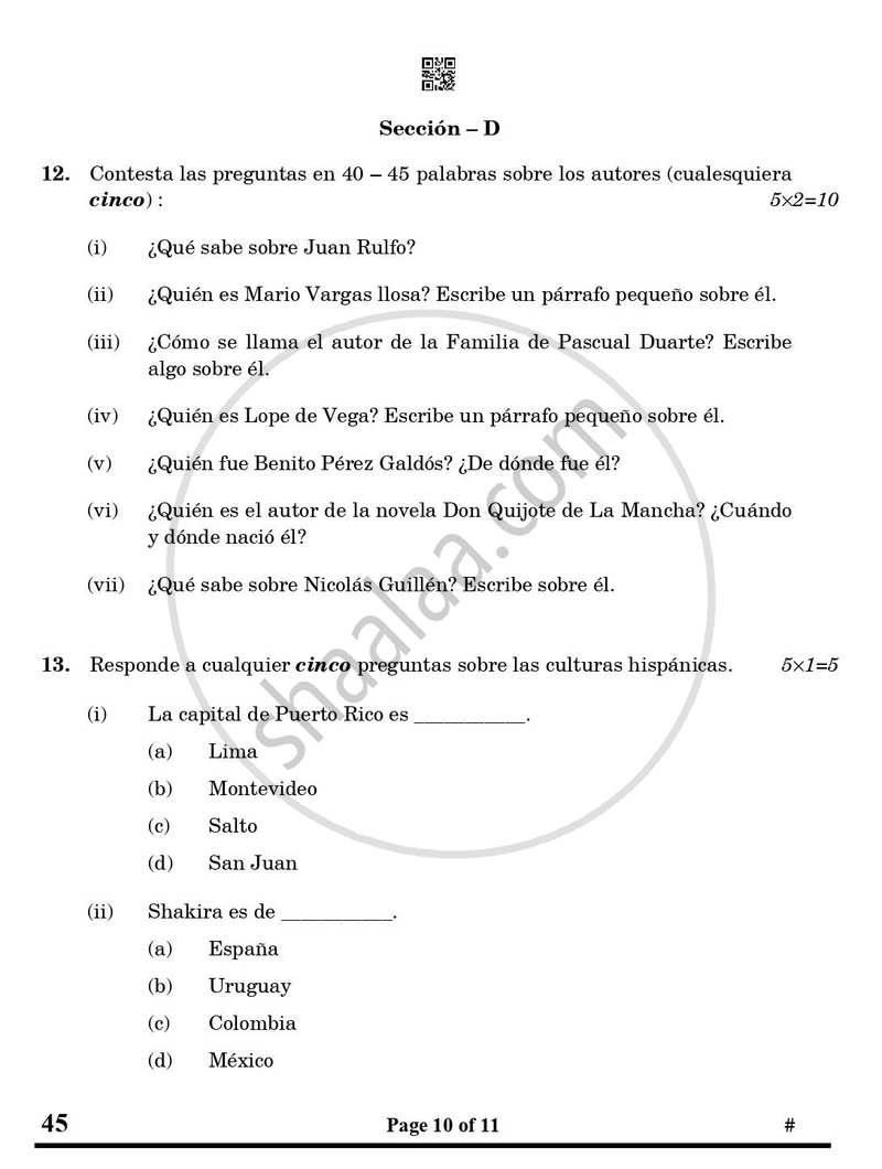 Spanish 2024-2025 Class 10 - CBSE (Central Board of Secondary Education) question paper with PDF download