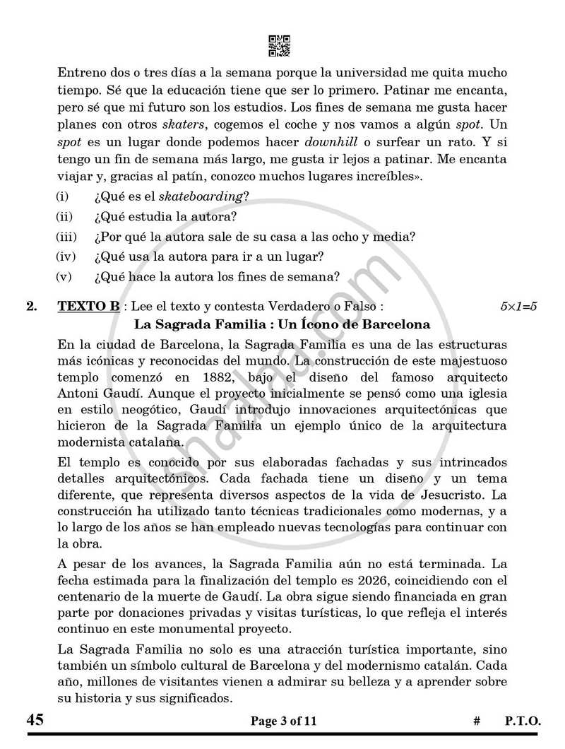 Spanish 2024-2025 Class 10 - CBSE (Central Board of Secondary Education) question paper with PDF download