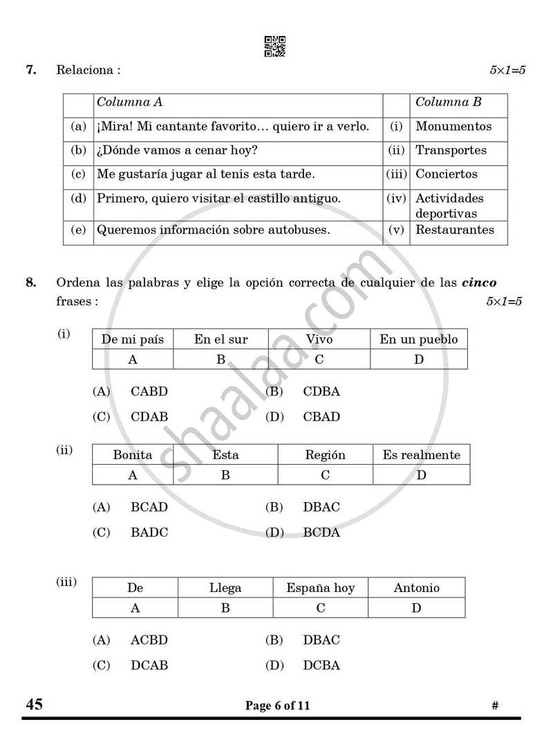 Spanish 2024-2025 Class 10 - CBSE (Central Board of Secondary Education) question paper with PDF download