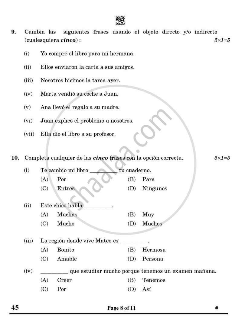 Spanish 2024-2025 Class 10 - CBSE (Central Board of Secondary Education) question paper with PDF download