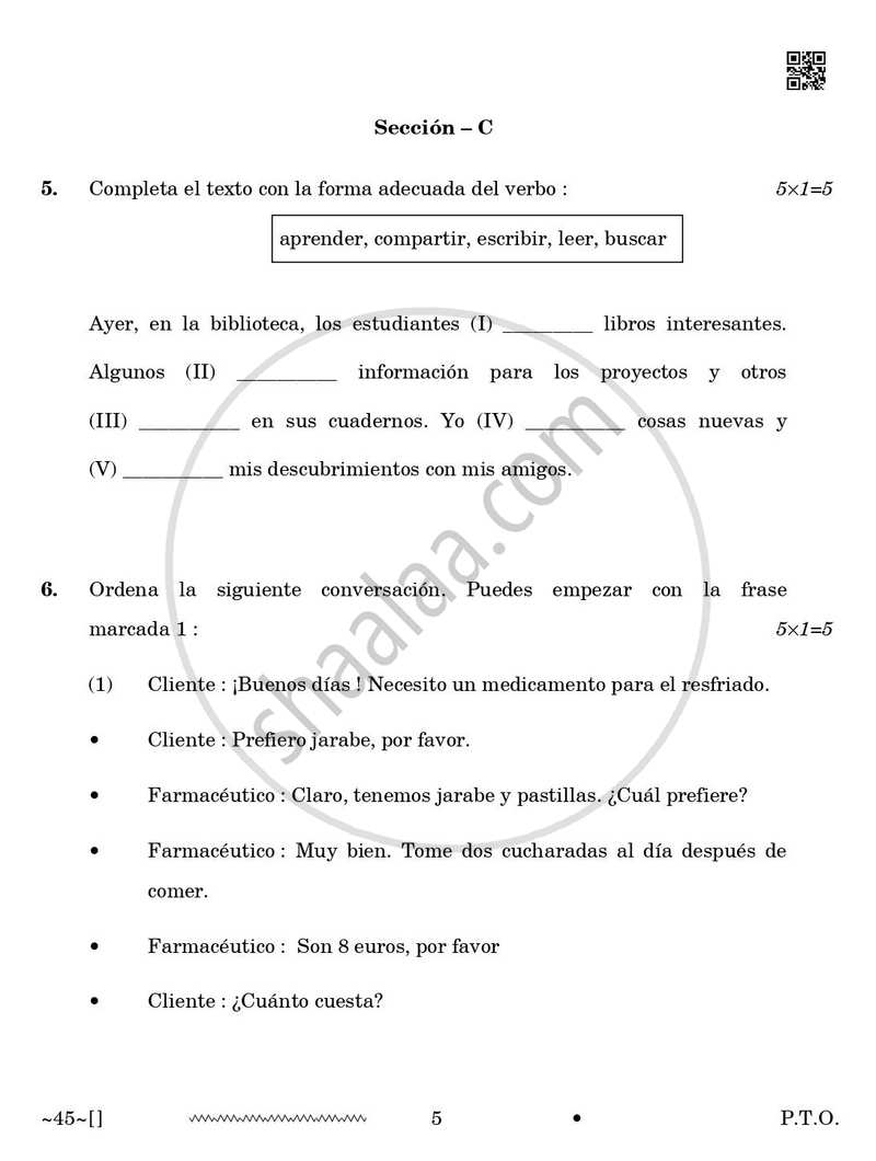 Spanish 2025-2026 Class 10 - CBSE (Central Board of Secondary Education) question paper with PDF download
