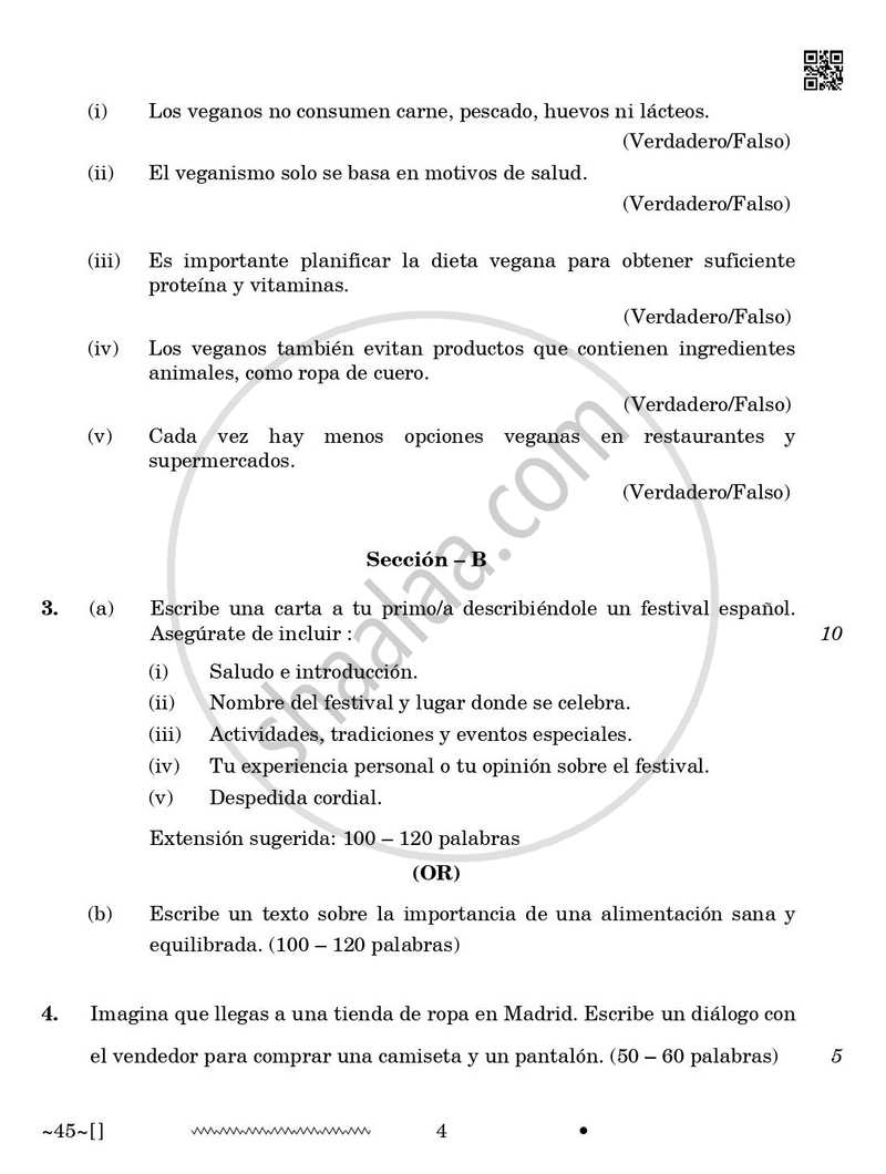Spanish 2025-2026 Class 10 - CBSE (Central Board of Secondary Education) question paper with PDF download