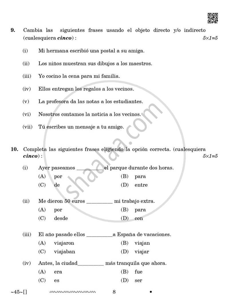 Spanish 2025-2026 Class 10 - CBSE (Central Board of Secondary Education) question paper with PDF download