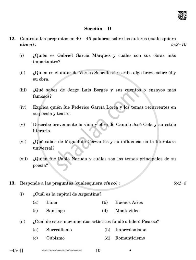 Spanish 2025-2026 Class 10 - CBSE (Central Board of Secondary Education) question paper with PDF download