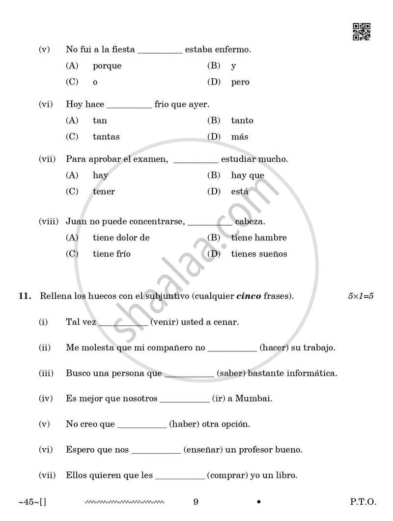Spanish 2025-2026 Class 10 - CBSE (Central Board of Secondary Education) question paper with PDF download