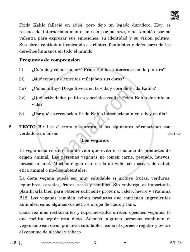 Spanish 2025-2026 Class 10 - CBSE (Central Board of Secondary Education) question paper with PDF download