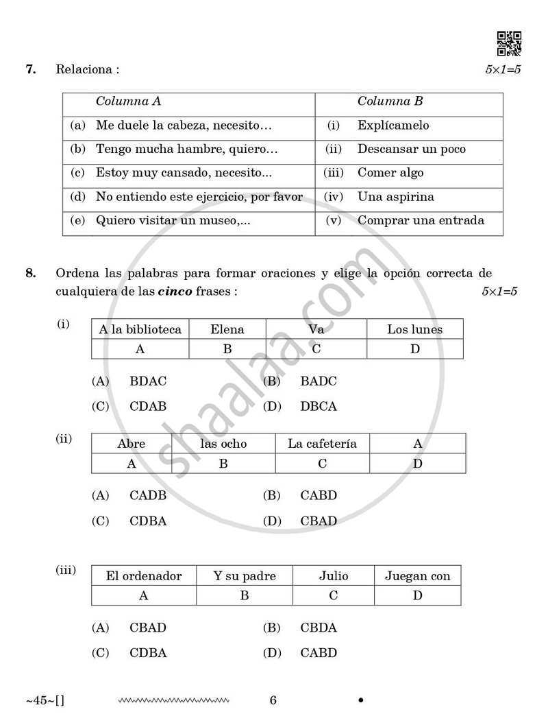 Spanish 2025-2026 Class 10 - CBSE (Central Board of Secondary Education) question paper with PDF download