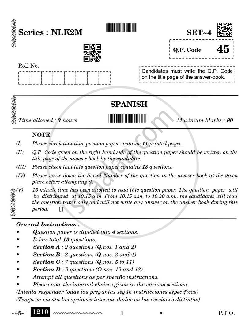 Spanish 2025-2026 Class 10 - CBSE (Central Board of Secondary Education) question paper with PDF download