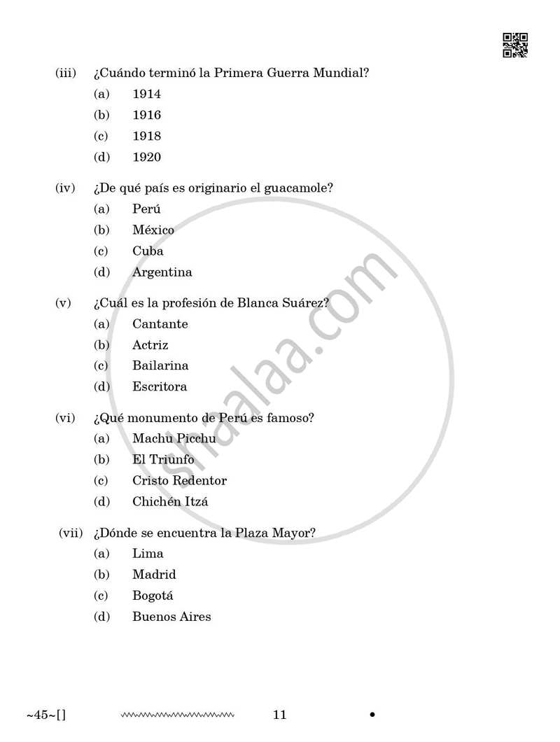 Spanish 2025-2026 Class 10 - CBSE (Central Board of Secondary Education) question paper with PDF download