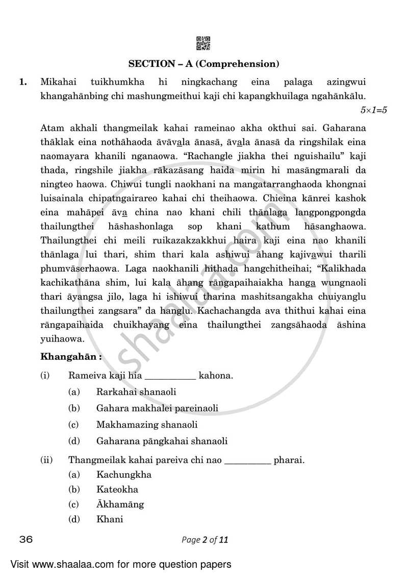 Tangkhul 2022-2023 Class 10 - CBSE (Central Board of Secondary Education) question paper with PDF download