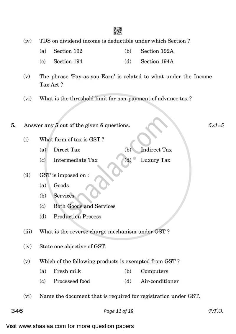 Taxation 2022-2023 Class 12 - CBSE (Central Board of Secondary Education) question paper with PDF download