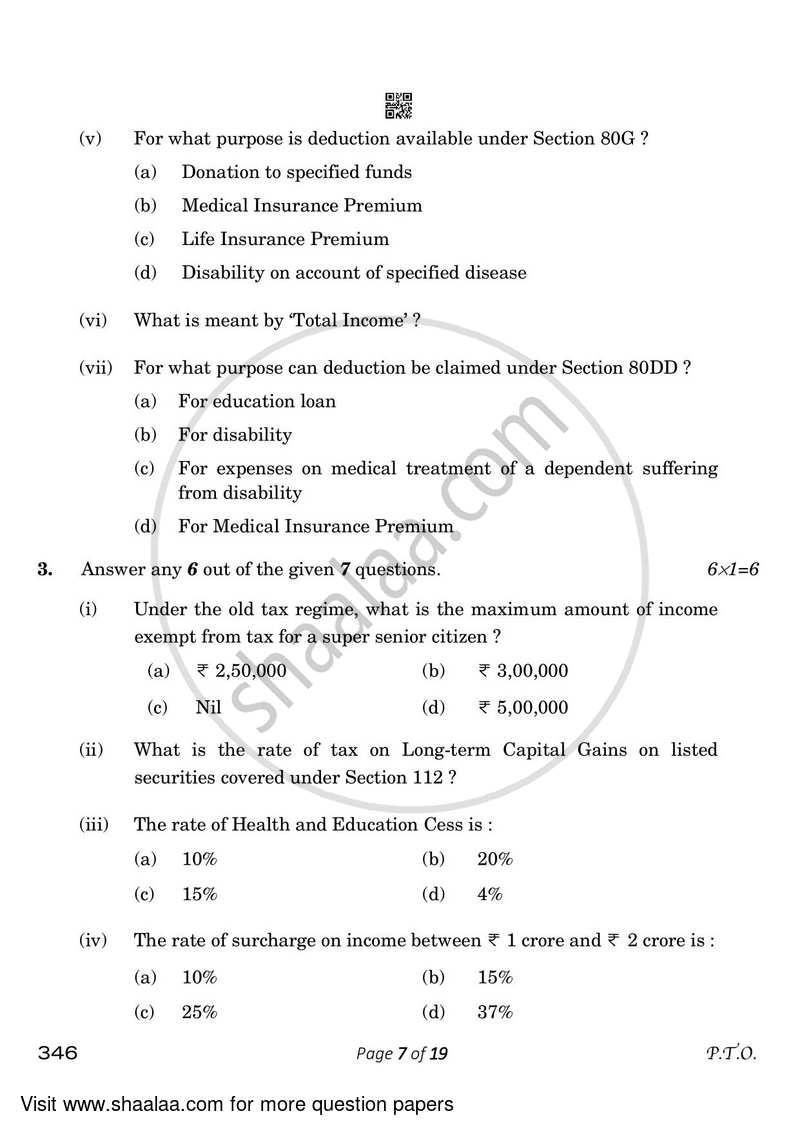 Taxation 2022-2023 Class 12 - CBSE (Central Board of Secondary Education) question paper with PDF download