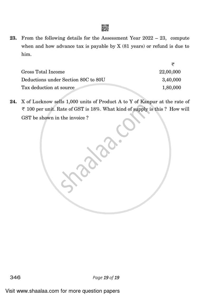 Taxation 2022-2023 Class 12 - CBSE (Central Board of Secondary Education) question paper with PDF download