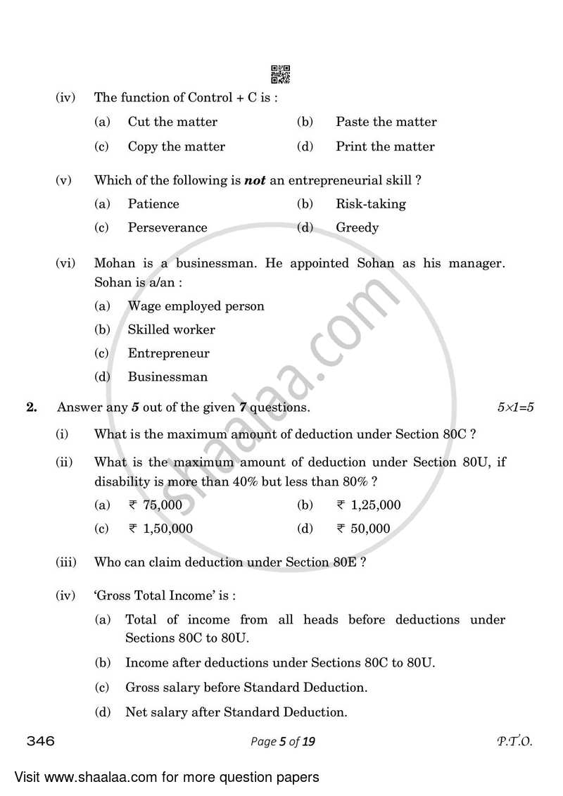 Taxation 2022-2023 Class 12 - CBSE (Central Board of Secondary Education) question paper with PDF download