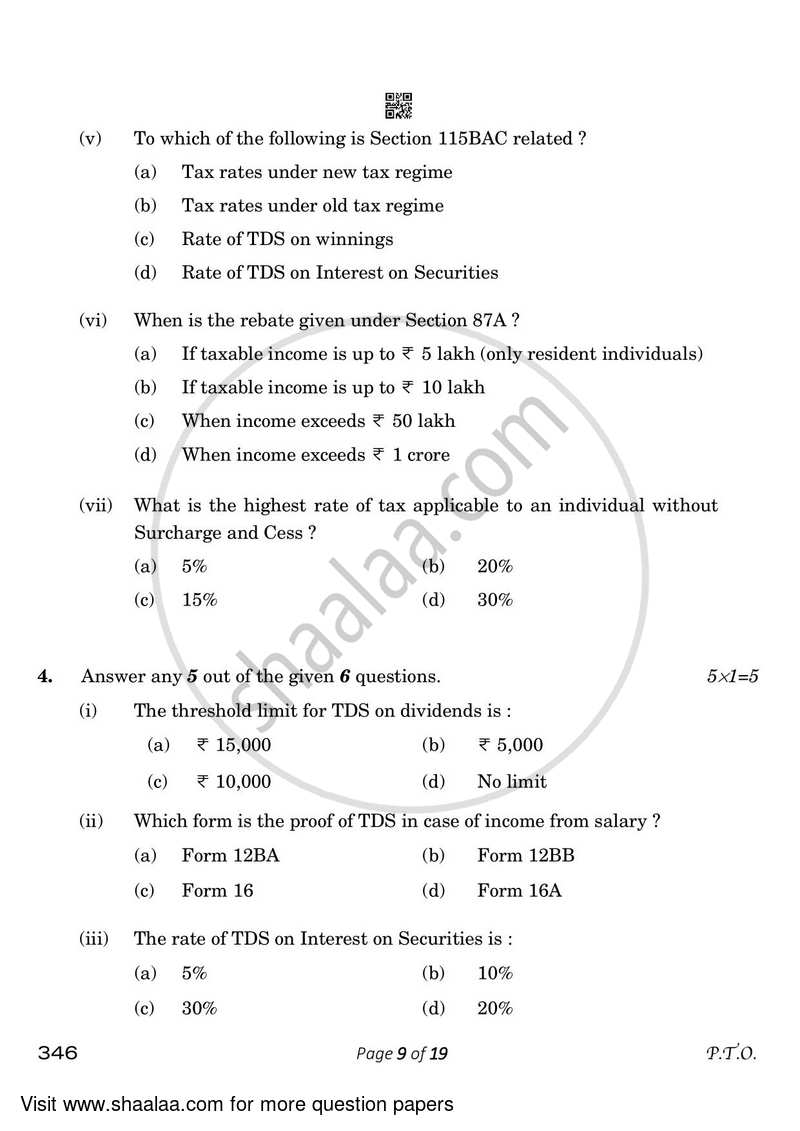 Taxation 2022-2023 Class 12 - CBSE (Central Board of Secondary Education) question paper with PDF download