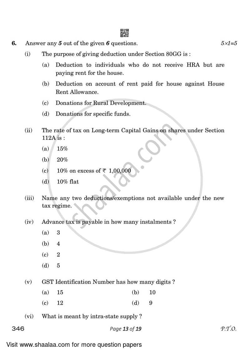Taxation 2022-2023 Class 12 - CBSE (Central Board of Secondary Education) question paper with PDF download