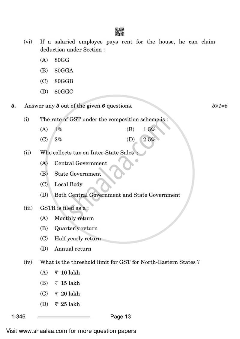 Taxation 2023-2024 Class 12 - CBSE (Central Board of Secondary Education) question paper with PDF download