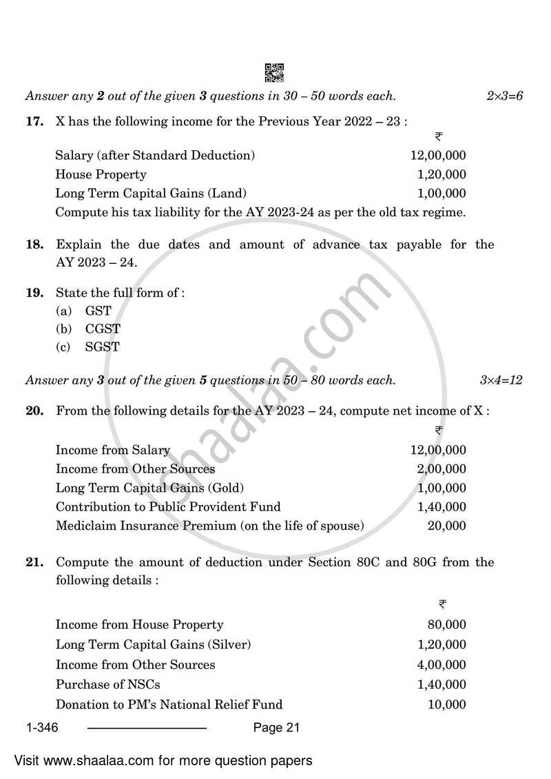 Taxation 2023-2024 Class 12 - CBSE (Central Board of Secondary Education) question paper with PDF download
