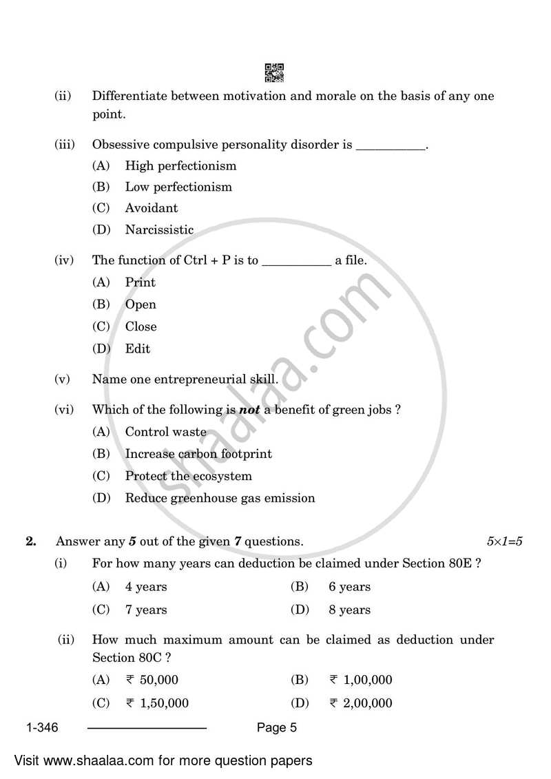 Taxation 2023-2024 Class 12 - CBSE (Central Board of Secondary Education) question paper with PDF download