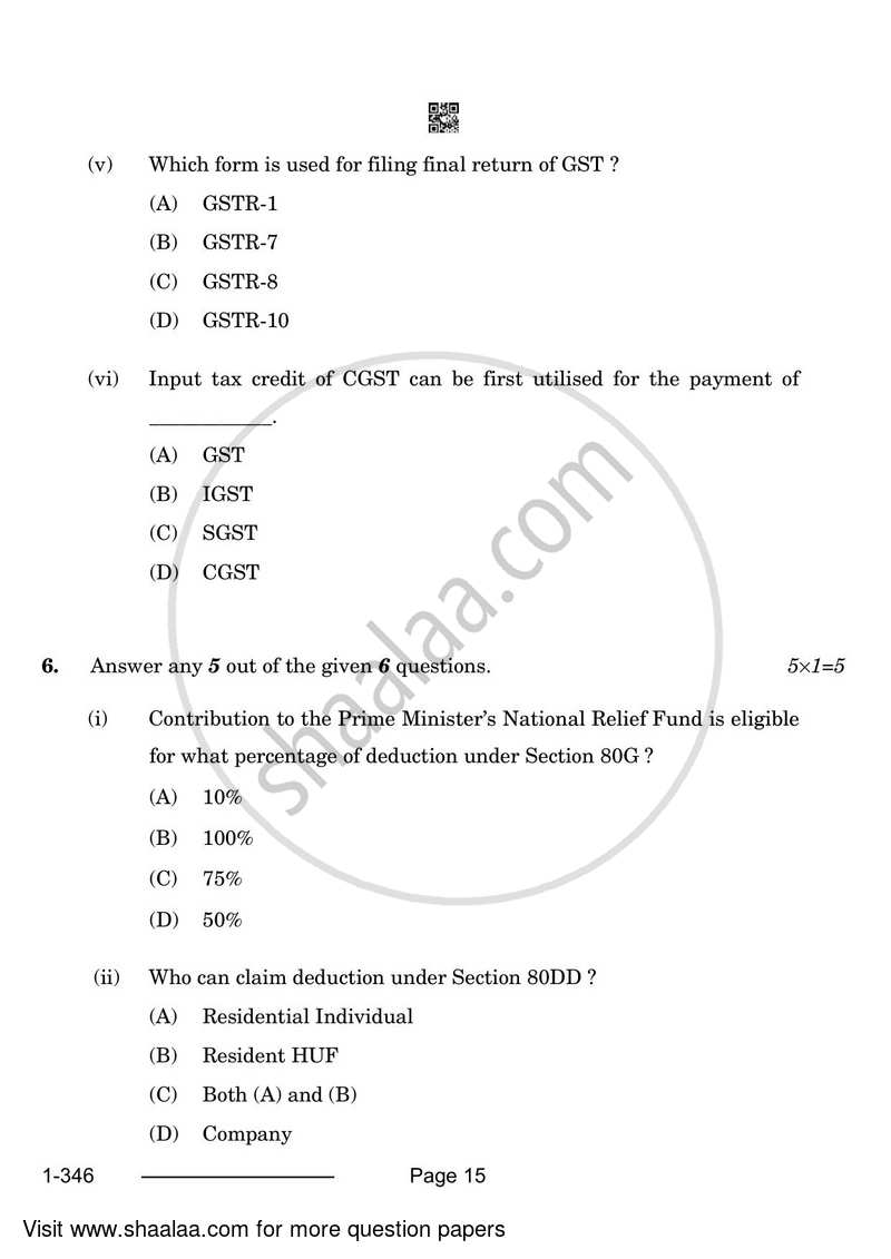 Taxation 2023-2024 Class 12 - CBSE (Central Board of Secondary Education) question paper with PDF download