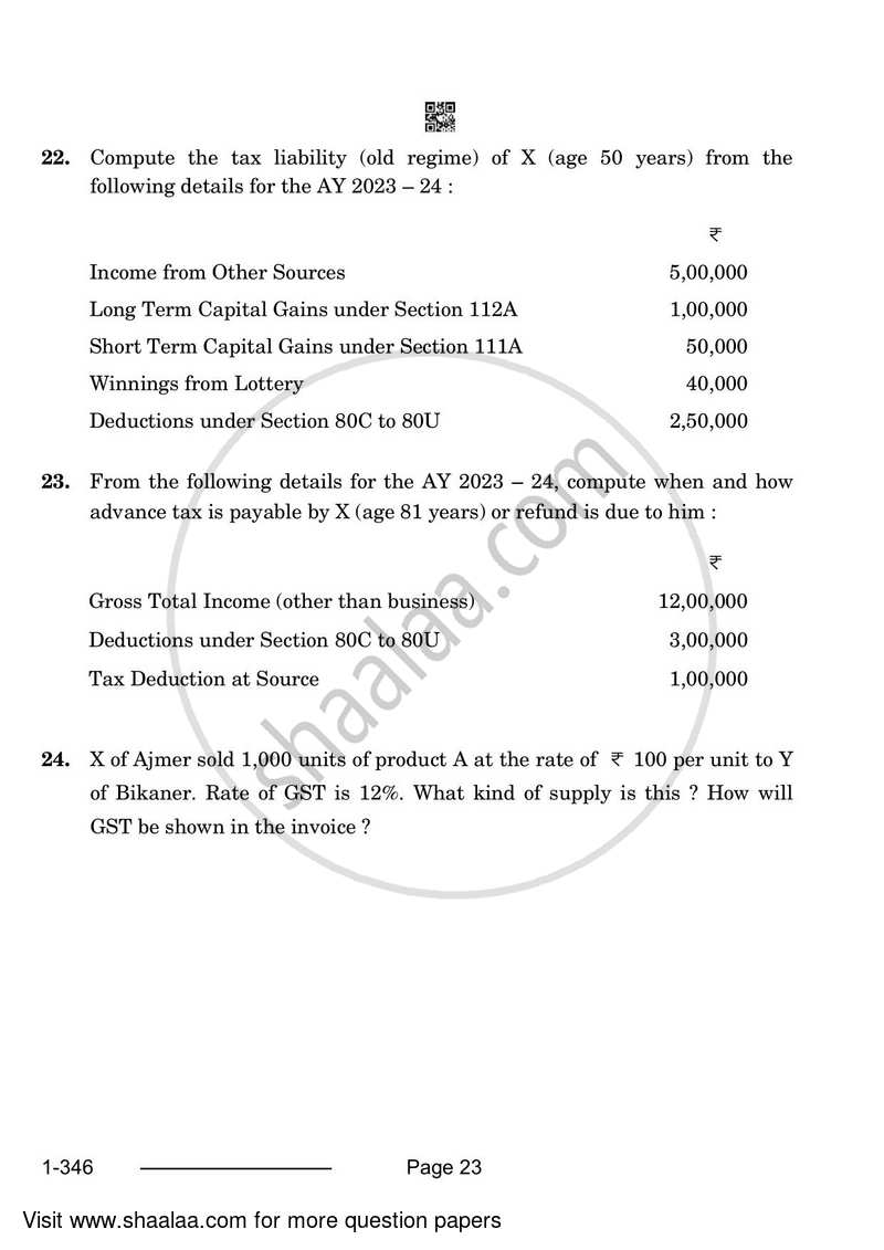 Taxation 2023-2024 Class 12 - CBSE (Central Board of Secondary Education) question paper with PDF download