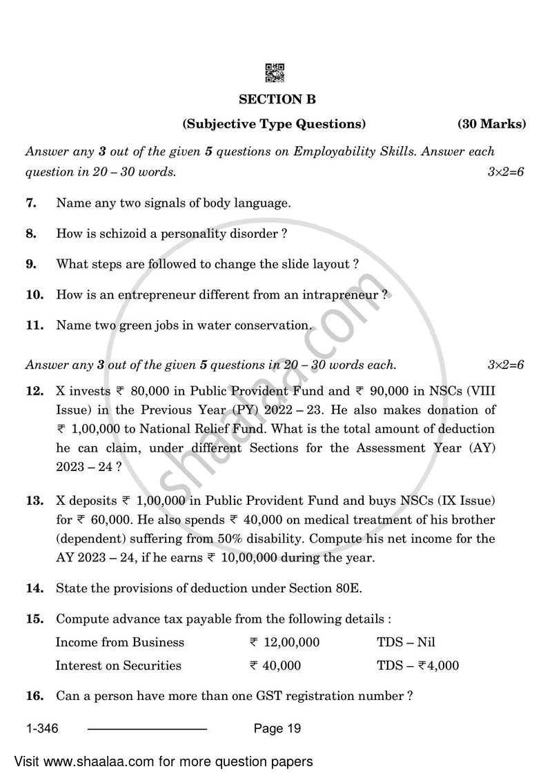 Taxation 2023-2024 Class 12 - CBSE (Central Board of Secondary Education) question paper with PDF download