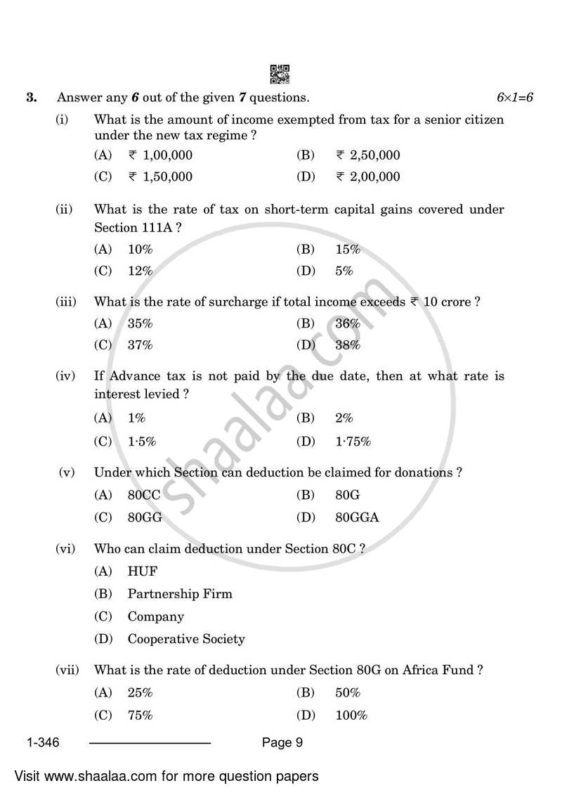 Taxation 2023-2024 Class 12 - CBSE (Central Board of Secondary Education) question paper with PDF download