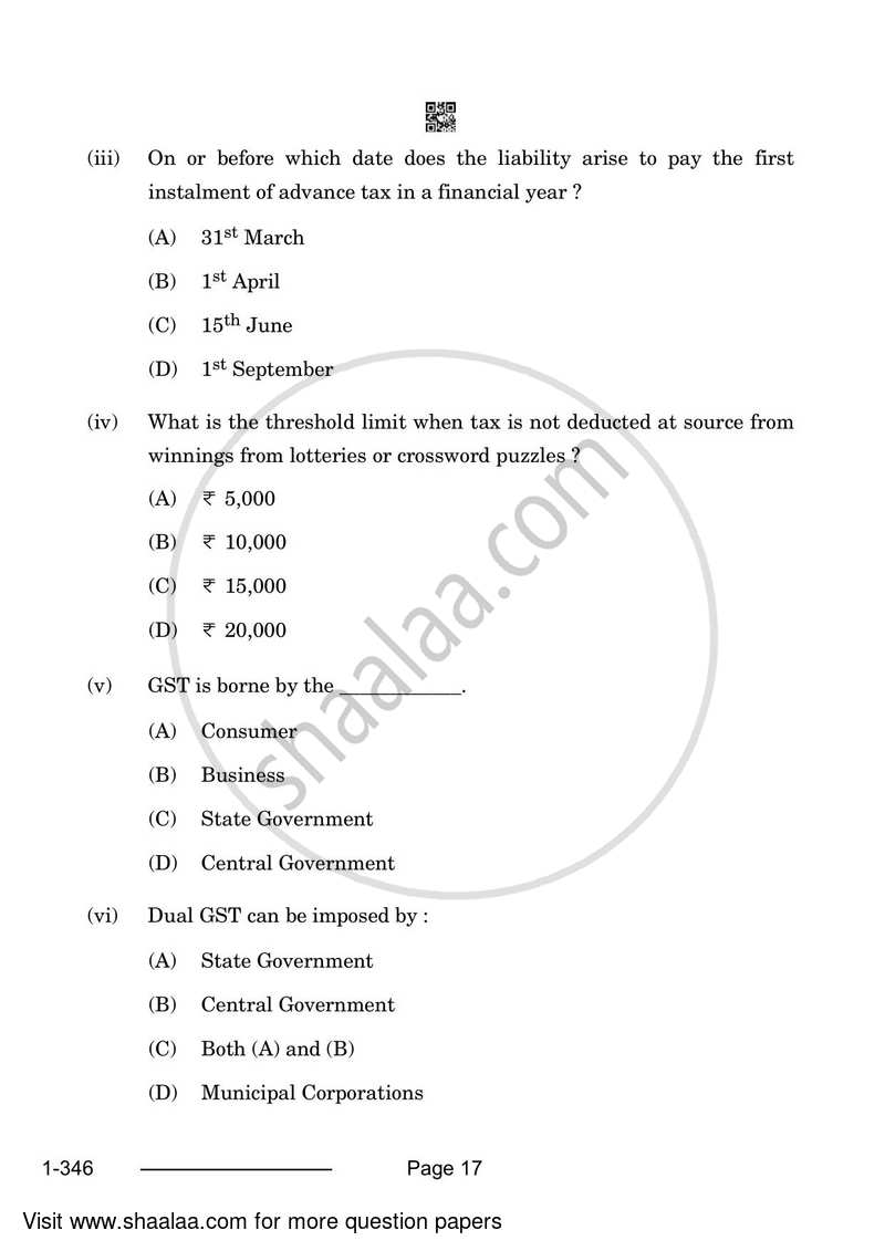 Taxation 2023-2024 Class 12 - CBSE (Central Board of Secondary Education) question paper with PDF download