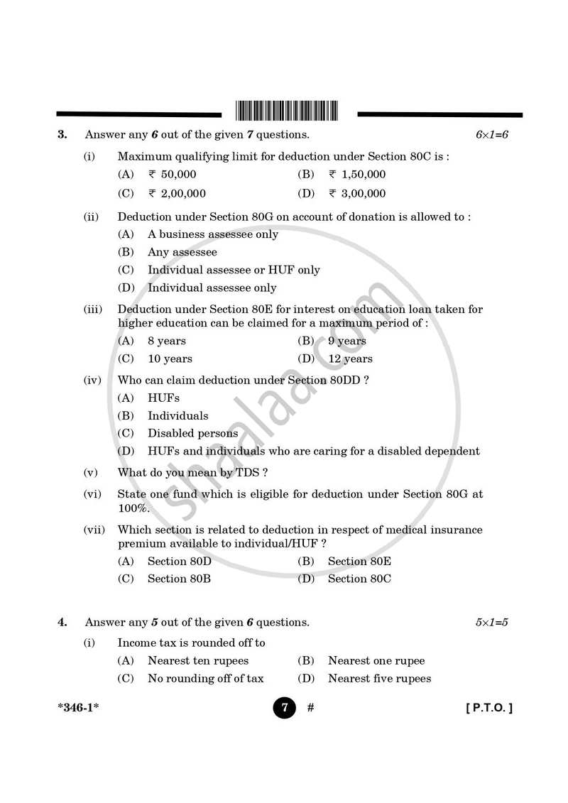 Taxation 2024-2025 Class 12 - CBSE (Central Board of Secondary Education) question paper with PDF download