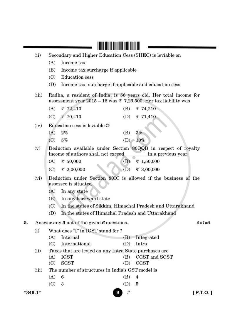 Taxation 2024-2025 Class 12 - CBSE (Central Board of Secondary Education) question paper with PDF download