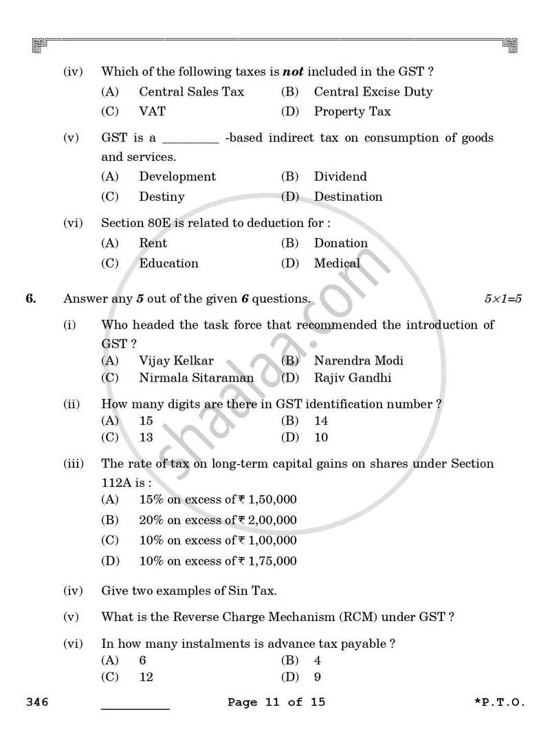 Taxation 2025-2026 Class 12 - CBSE (Central Board of Secondary Education) question paper with PDF download