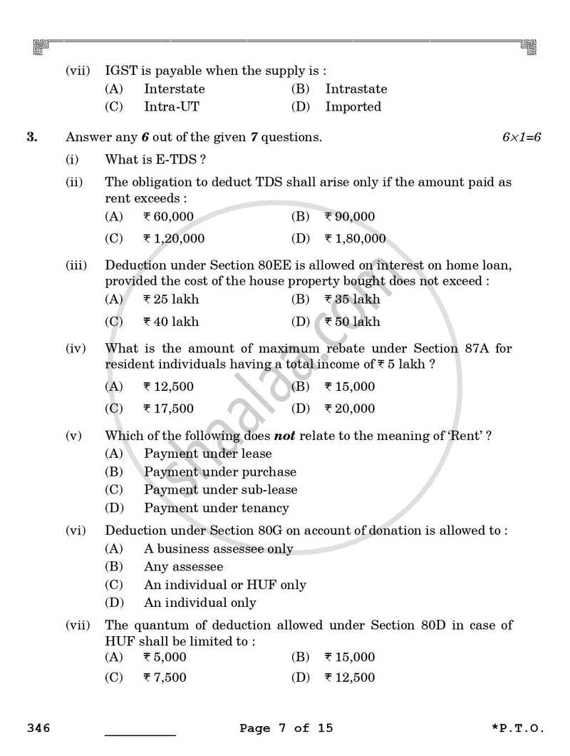 Taxation 2025-2026 Class 12 - CBSE (Central Board of Secondary Education) question paper with PDF download
