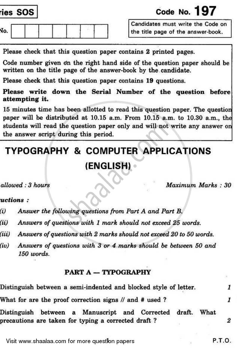 Typography and Computer Applications (English) 2010-2011 Class 12 - CBSE (Central Board of Secondary Education) question paper with PDF download