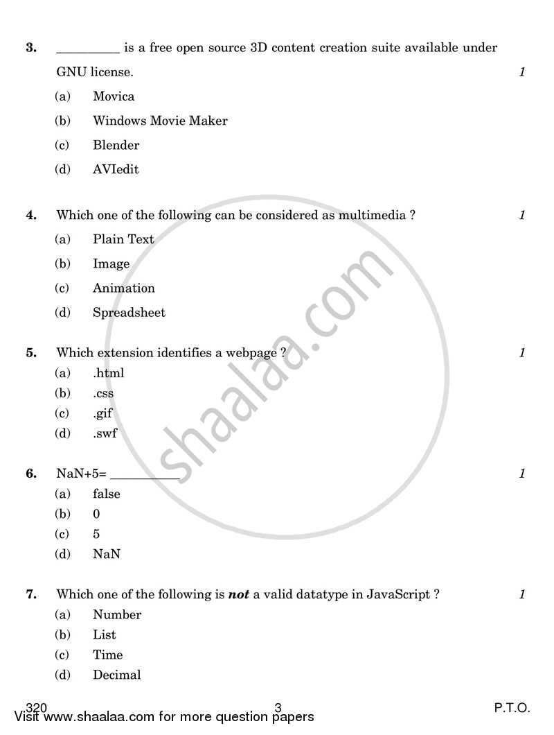 Web Applications 2018-2019 Class 12 - CBSE (Central Board of Secondary Education) question paper with PDF download