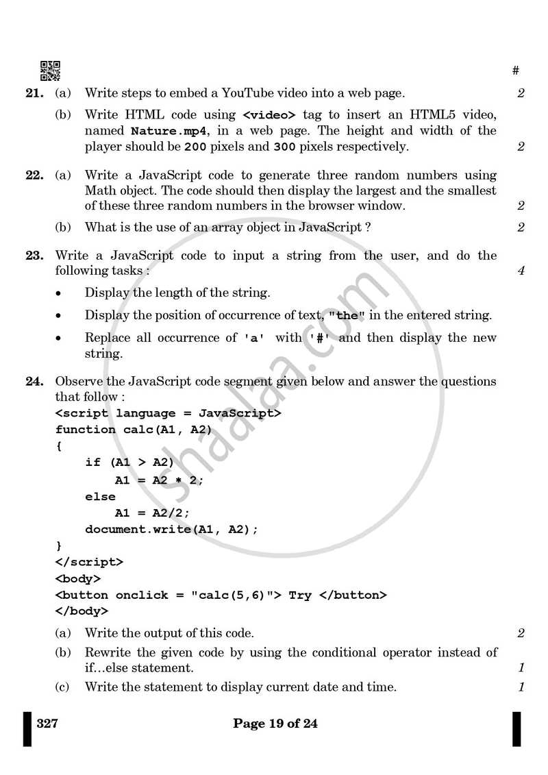 Web Applications 2024-2025 Class 12 - CBSE (Central Board of Secondary Education) question paper with PDF download