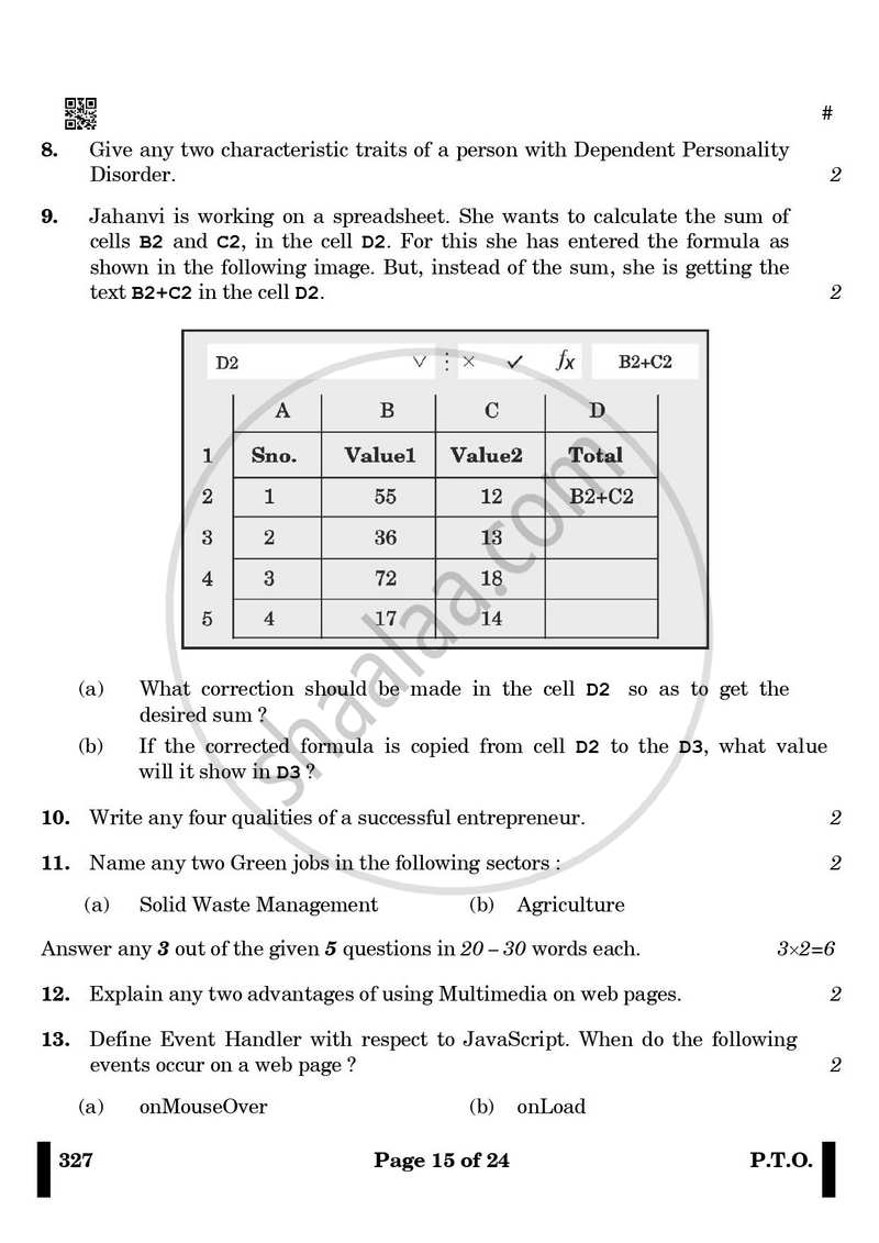 Web Applications 2024-2025 Class 12 - CBSE (Central Board of Secondary Education) question paper with PDF download