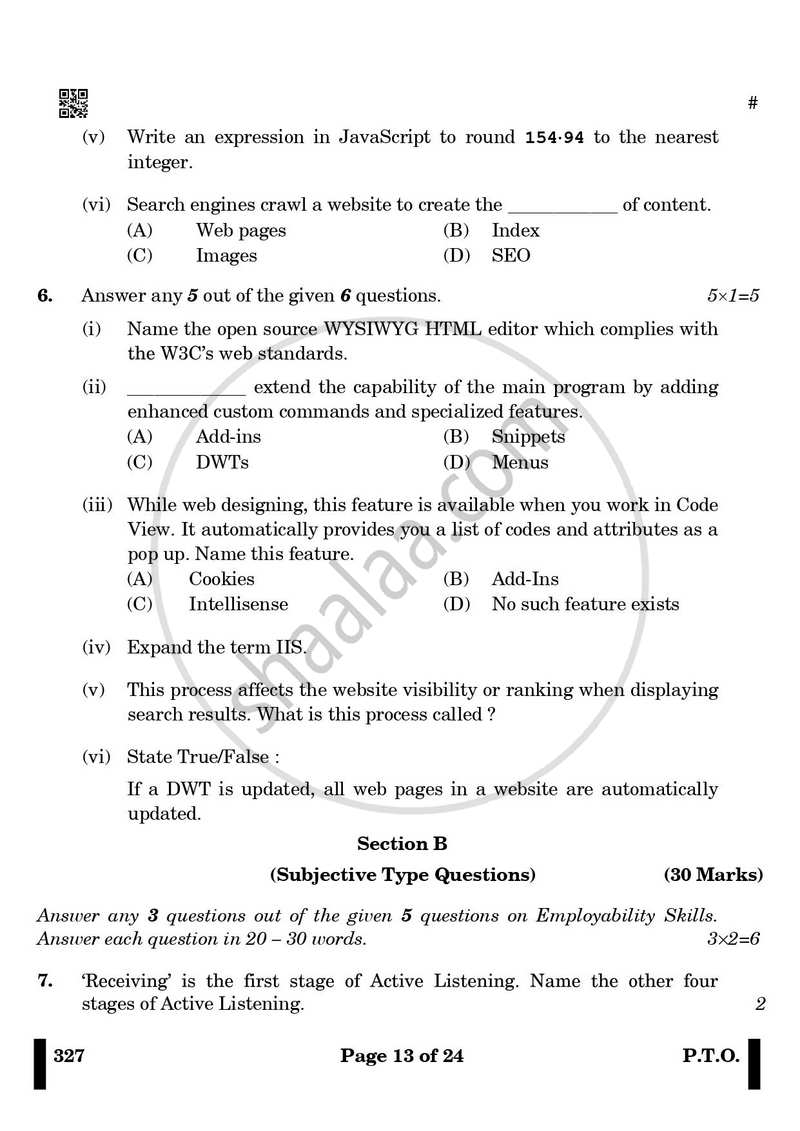 Web Applications 2024-2025 Class 12 - CBSE (Central Board of Secondary Education) question paper with PDF download