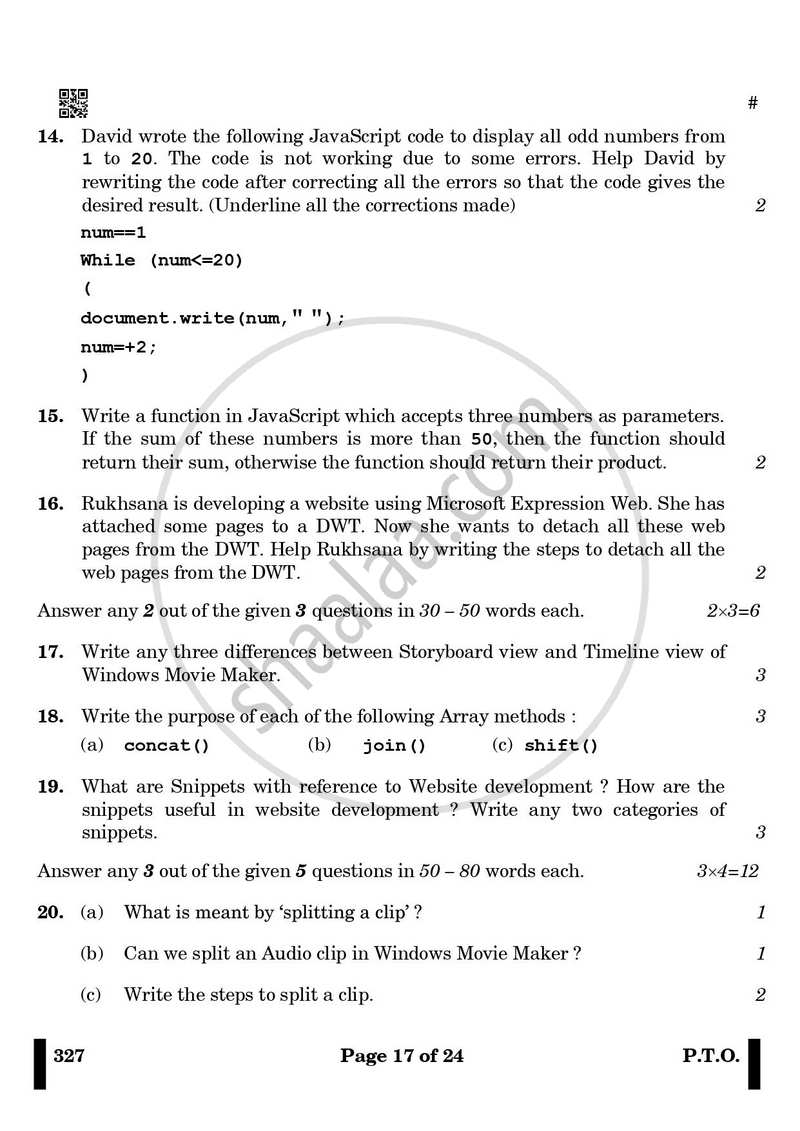 Web Applications 2024-2025 Class 12 - CBSE (Central Board of Secondary Education) question paper with PDF download