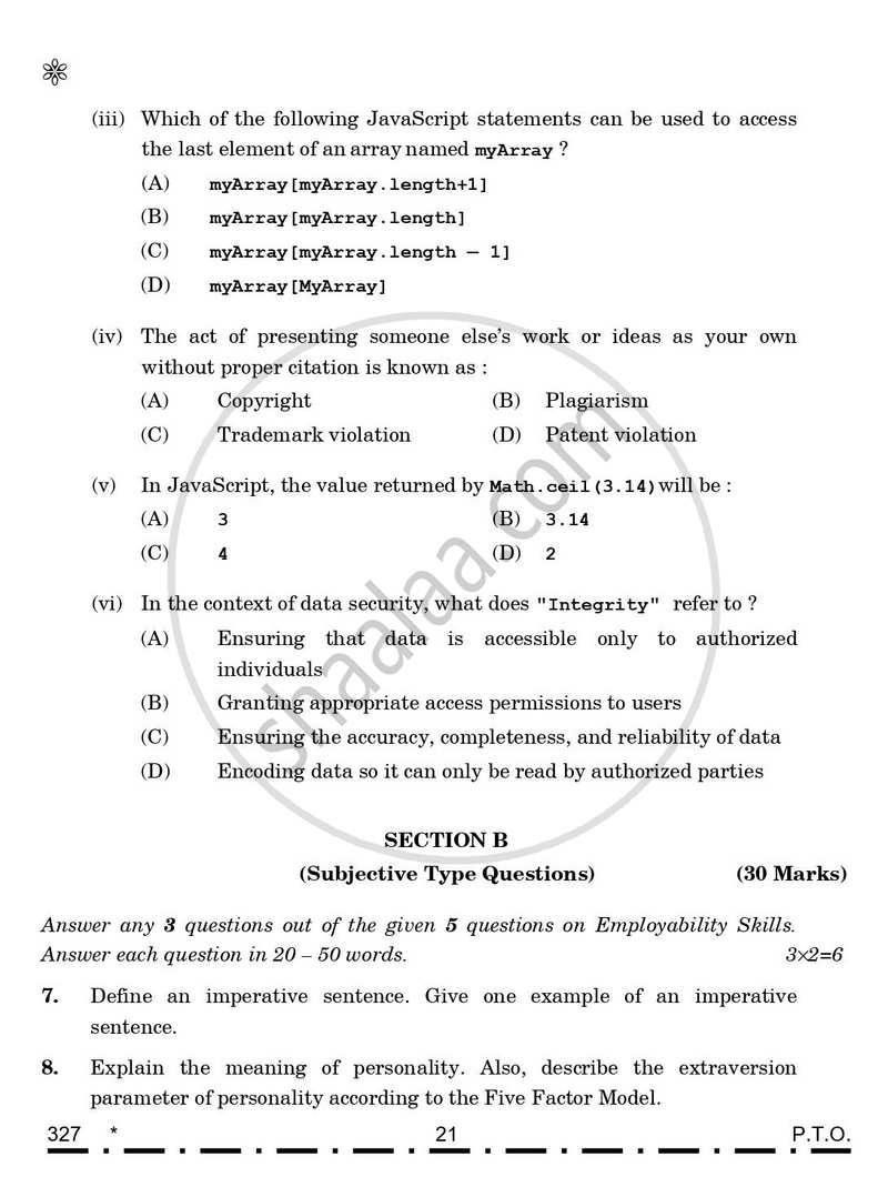 Web Applications 2025-2026 Class 12 - CBSE (Central Board of Secondary Education) question paper with PDF download