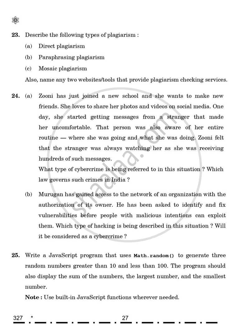 Web Applications 2025-2026 Class 12 - CBSE (Central Board of Secondary Education) question paper with PDF download