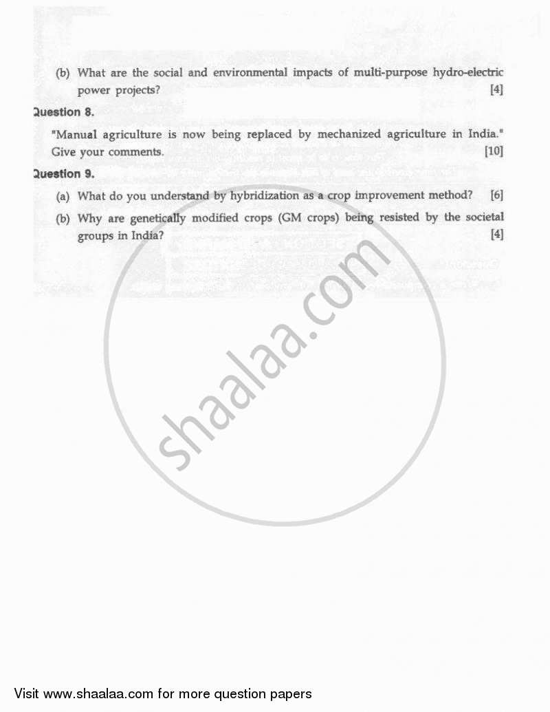 Agricultural Science 2010-2011 ICSE Class 10  - CISCE (Council for the Indian School Certificate Examinations) question paper with PDF download