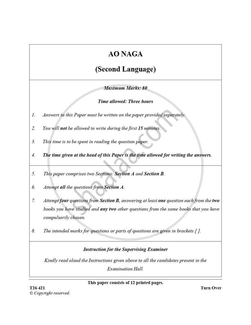 Ao-naga 2025-2026 ICSE Class 10 - CISCE (Council for the Indian School Certificate Examinations) question paper with PDF download