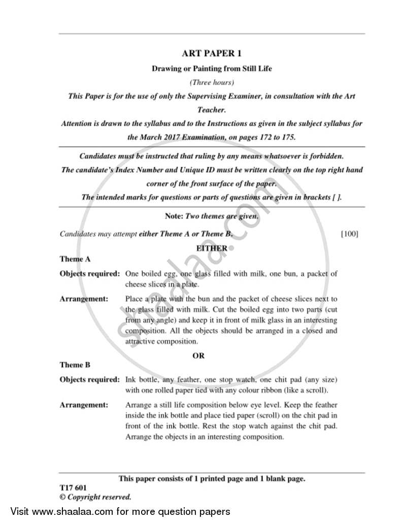 Art Paper 1 - Drawing And/Or Painting from Still Life 2016-2017 ICSE Class 10 - CISCE (Council for the Indian School Certificate Examinations) question paper with PDF download