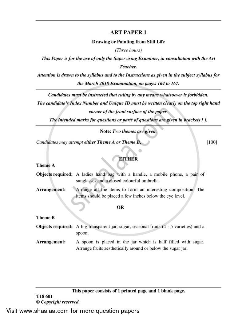 Art Paper 1 - Drawing And/Or Painting from Still Life 2017-2018 ICSE Class 10  - CISCE (Council for the Indian School Certificate Examinations) question paper with PDF download