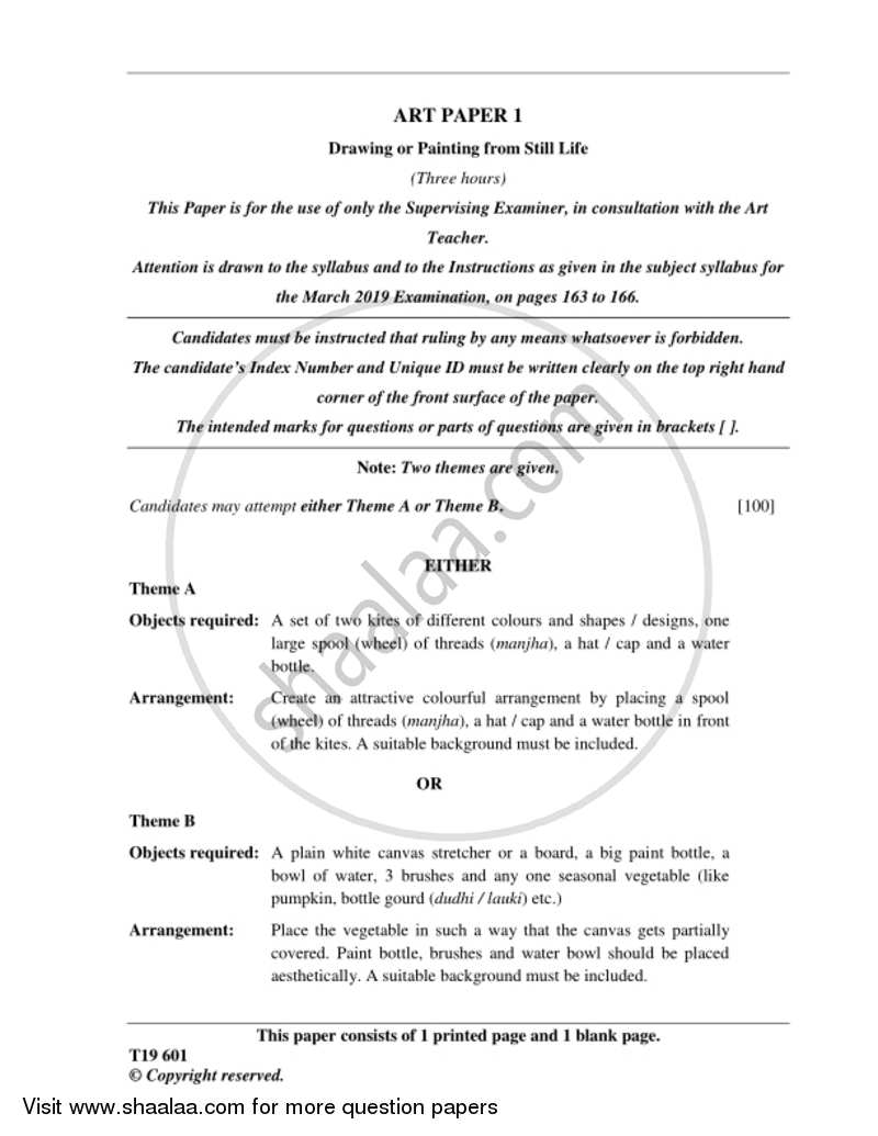 Art Paper 1 - Drawing And/Or Painting from Still Life 2018-2019 ICSE Class 10 - CISCE (Council for the Indian School Certificate Examinations) question paper with PDF download
