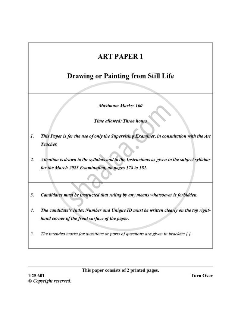 Art Paper 1 - Drawing And/Or Painting from Still Life 2024-2025 ICSE Class 10  - CISCE (Council for the Indian School Certificate Examinations) question paper with PDF download